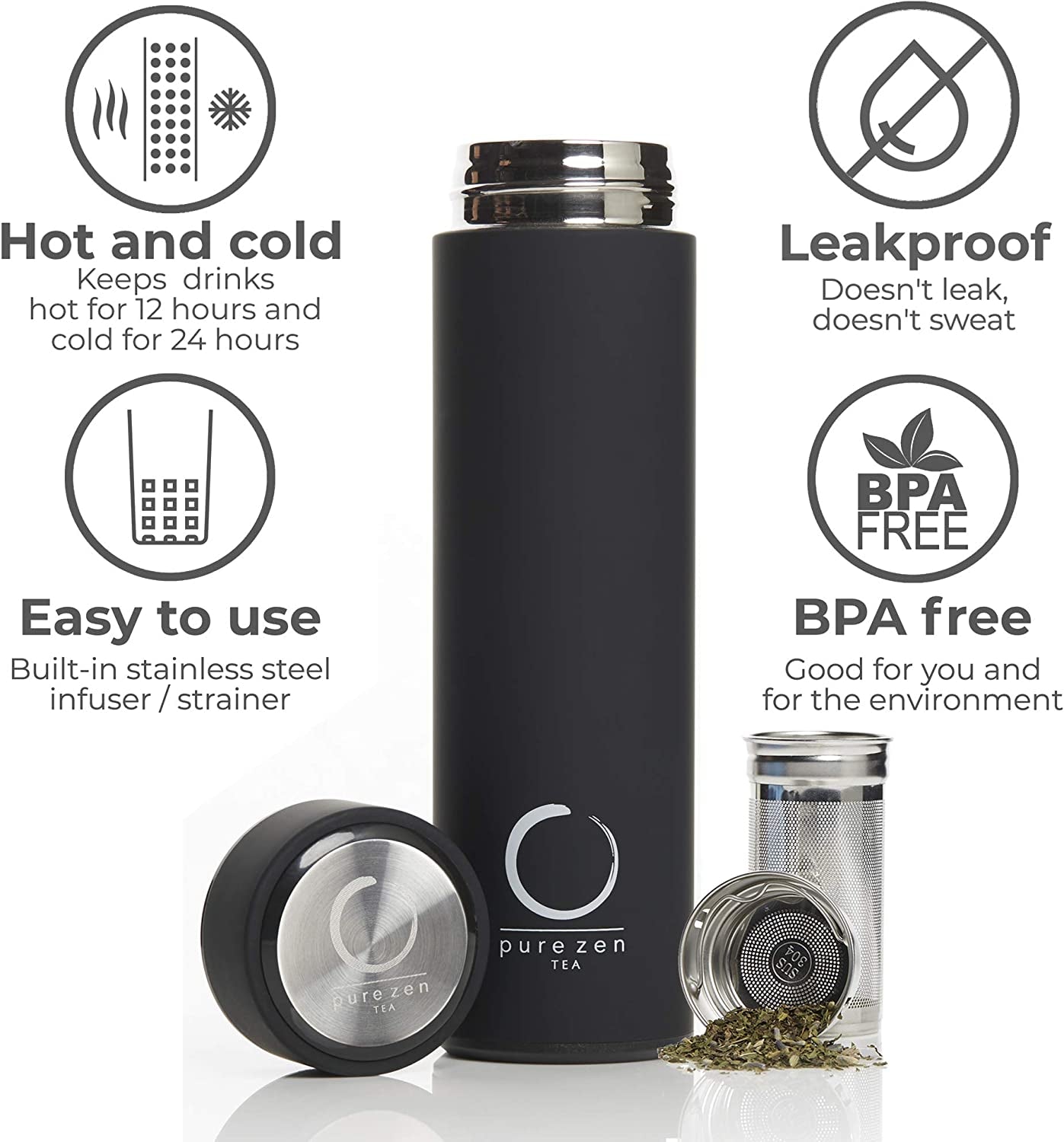 Pure Zen Tea Thermos with Infuser for Tea, Coffee and Fruit-Infused Water - Stainless Steel - Tea Infuser Bottle - Tea Tumbler with Infuser - Leakproof Tea Bottle - Travel Tea Mug - 15Oz - Black