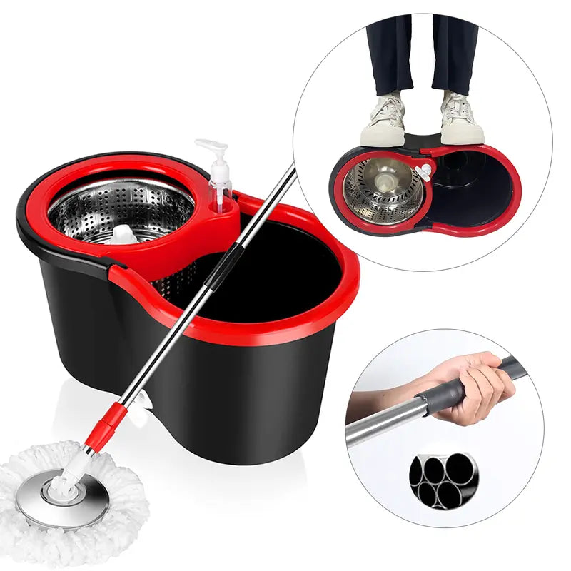 VEETGG Janitorial Mop Bucket Wringer Set Extendable Handle 360 Spin Mops for Floor Cleaning + 2 Mop Heads Cleaning Pack Red Black Microfiber