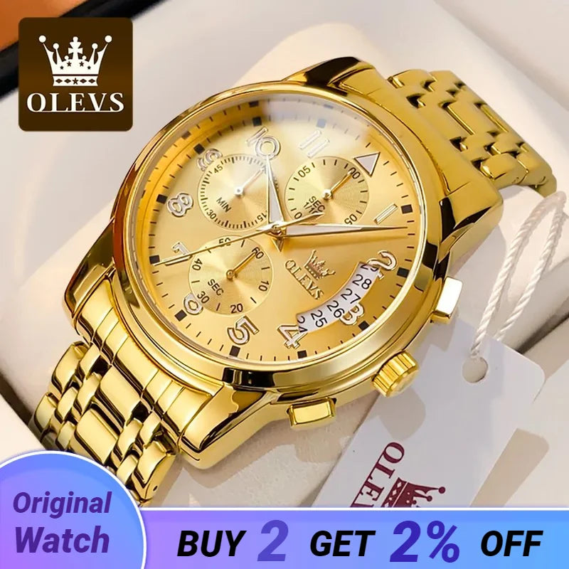 OLEVS Gold Watch for Men Luxury Top Brand Luminous Waterproof Steel Sport Chronograph Multifunction Fashion Men'S Quartz Watch