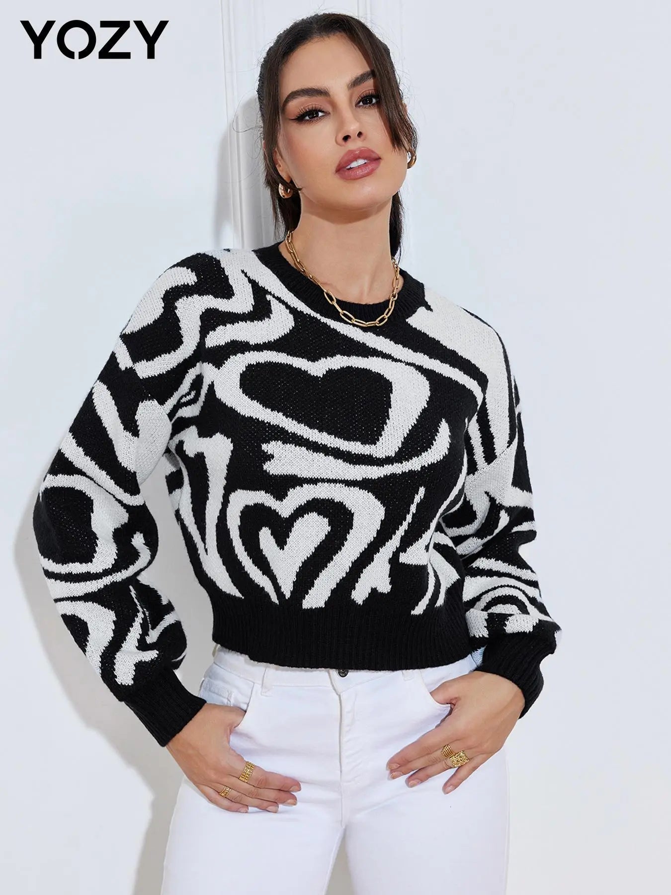 YOZY Women'S Spring Heart Print Bishop Sleeve Crop Sweater, Casual Long Sleeve round Neck Jumper, Comfort Knitting Pullover Top, Lady Knitwear Clothing for Daily Wear, Womenswear