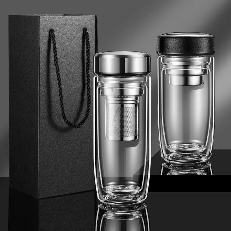 400ML Double Wall Glass Tea Tumbler Water Bottle with Filter Infuser Travel Mug