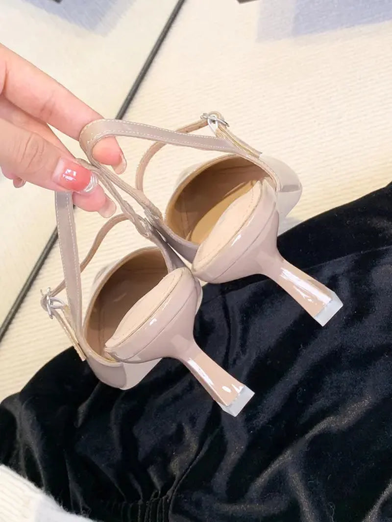 Women'S Fashionable Solid Color Stiletto Heel Sandals, Elegant Pointed Toe Buckle Design Heel Sandals for Party