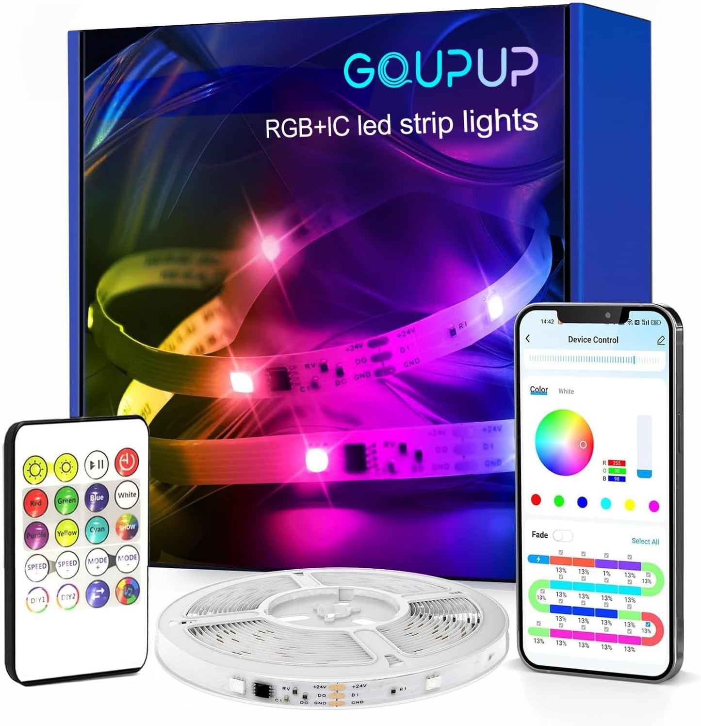 GUPUP 50 FT LED Strip Lights,Bluetooth LED Lights for Bedroom, Color Changing Light Strip with Music Sync, Phone Controller and IR Remote(App+Remote +Mic).