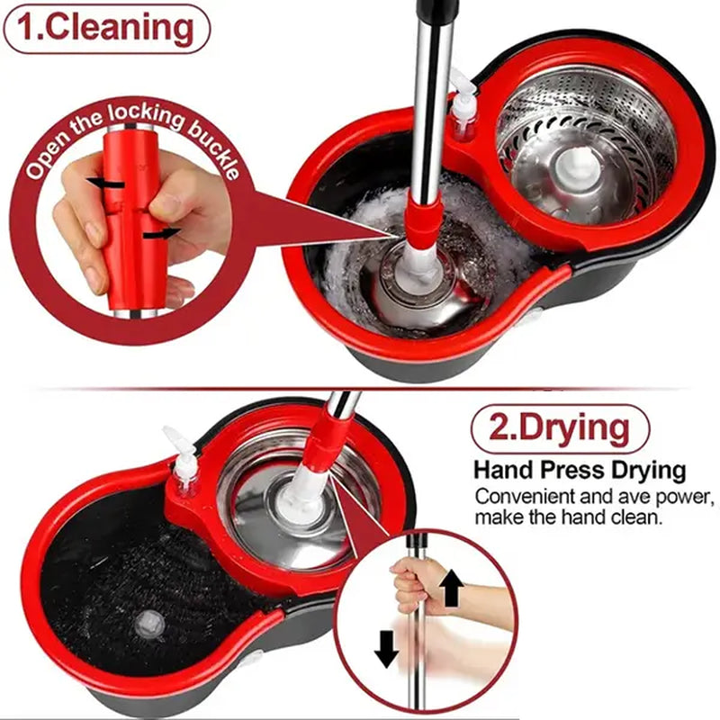 VEETGG Janitorial Mop Bucket Wringer Set Extendable Handle 360 Spin Mops for Floor Cleaning + 2 Mop Heads Cleaning Pack Red Black Microfiber