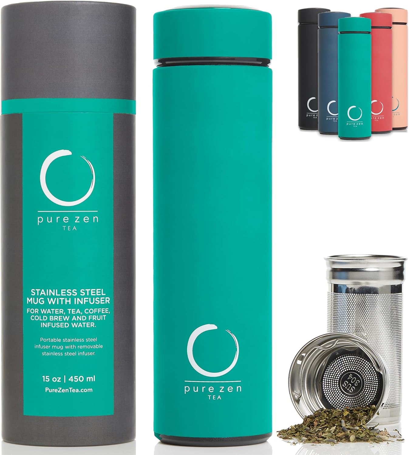 Pure Zen Tea Thermos with Infuser for Tea, Coffee and Fruit-Infused Water - Stainless Steel - Tea Infuser Bottle - Tea Tumbler with Infuser - Leakproof Tea Bottle - Travel Tea Mug - 15Oz - Black