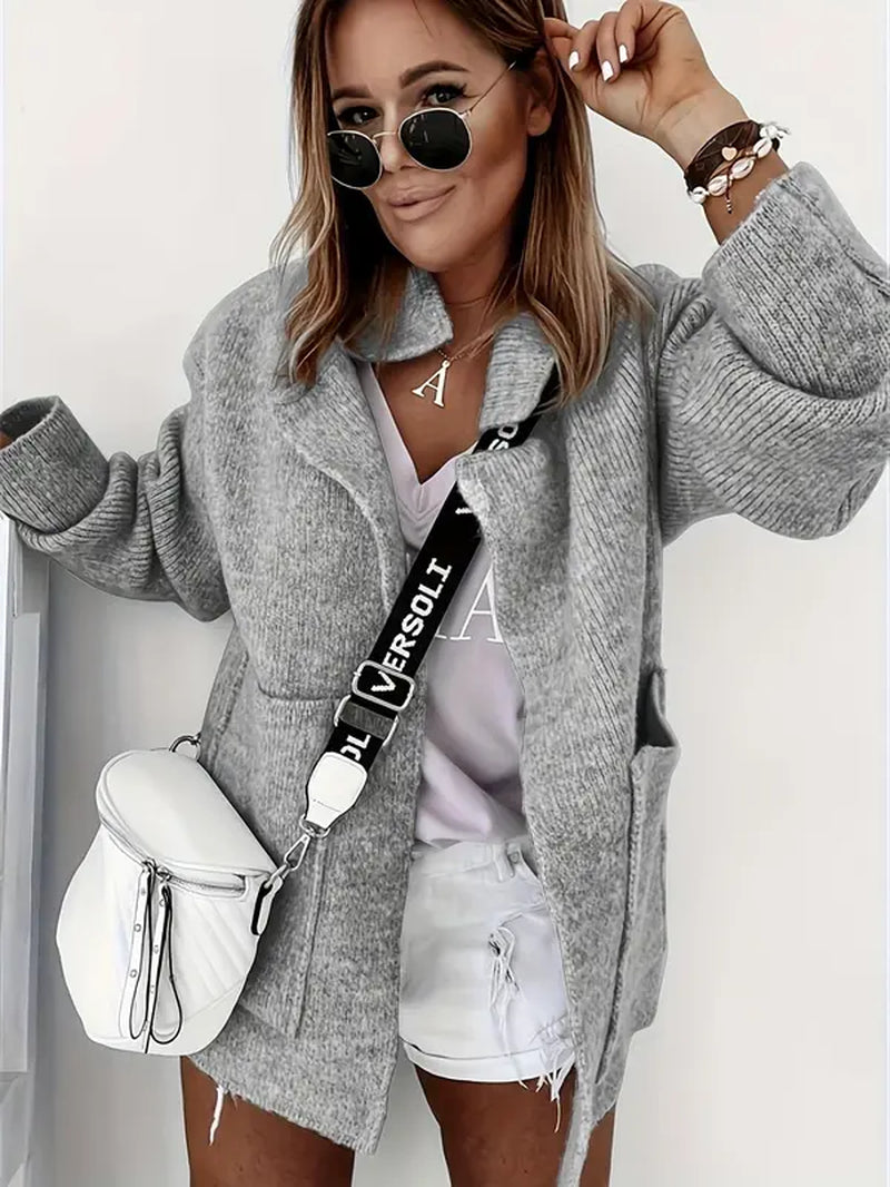 Solid Dual Pocket Drop Shoulder Cardigan, Long Sleeve Lapel Outerwear, Minimalist Women'S Clothing for Daily Wear, Lady Longsleeves Tops, Comfort Womenswear