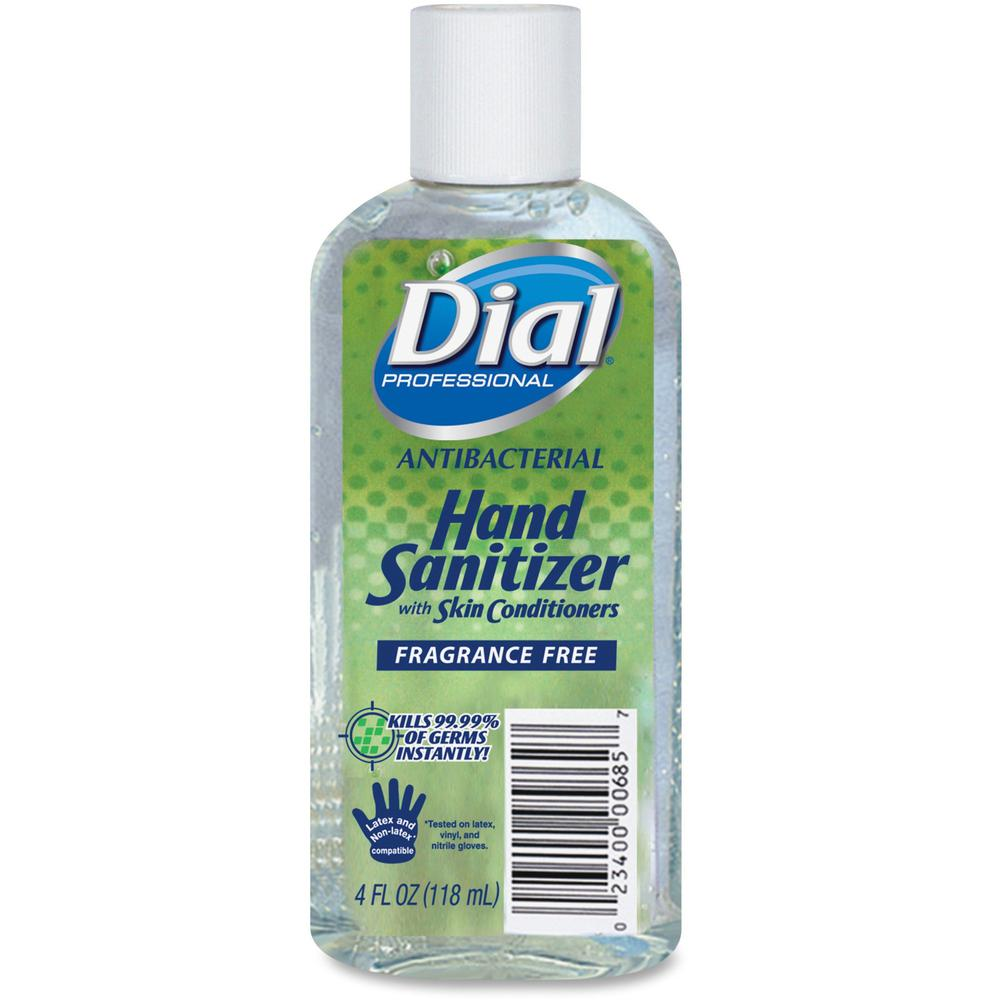 Dial Professional Hand Sanitizer - 4 oz - Flip Top Bottle Dispenser - Kill Germs, Bacteria Remover - Hand - Clear - Fragrance-free, Dye-free - 24 / Carton