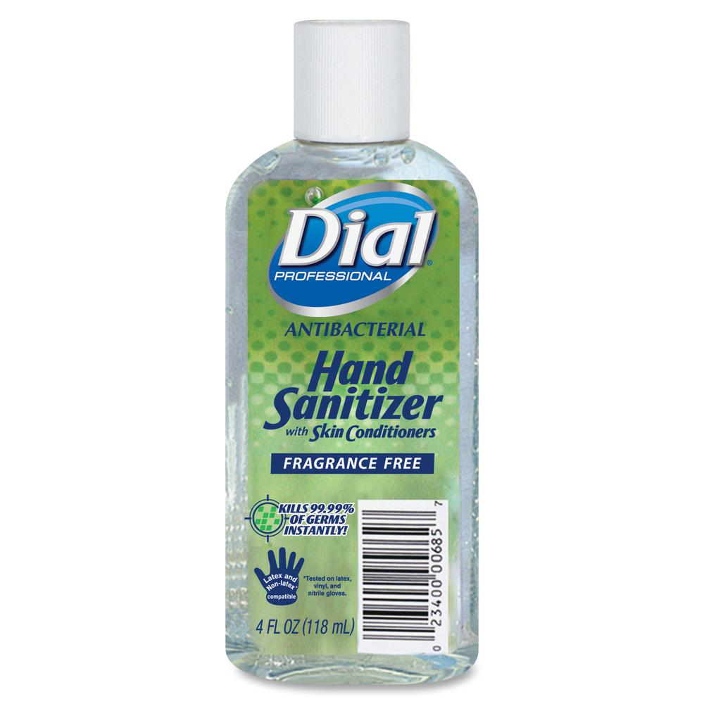 Dial Professional Hand Sanitizer - 4 oz - Flip Top Bottle Dispenser - Kill Germs, Bacteria Remover - Hand - Clear - Fragrance-free, Dye-free - 24 / Carton