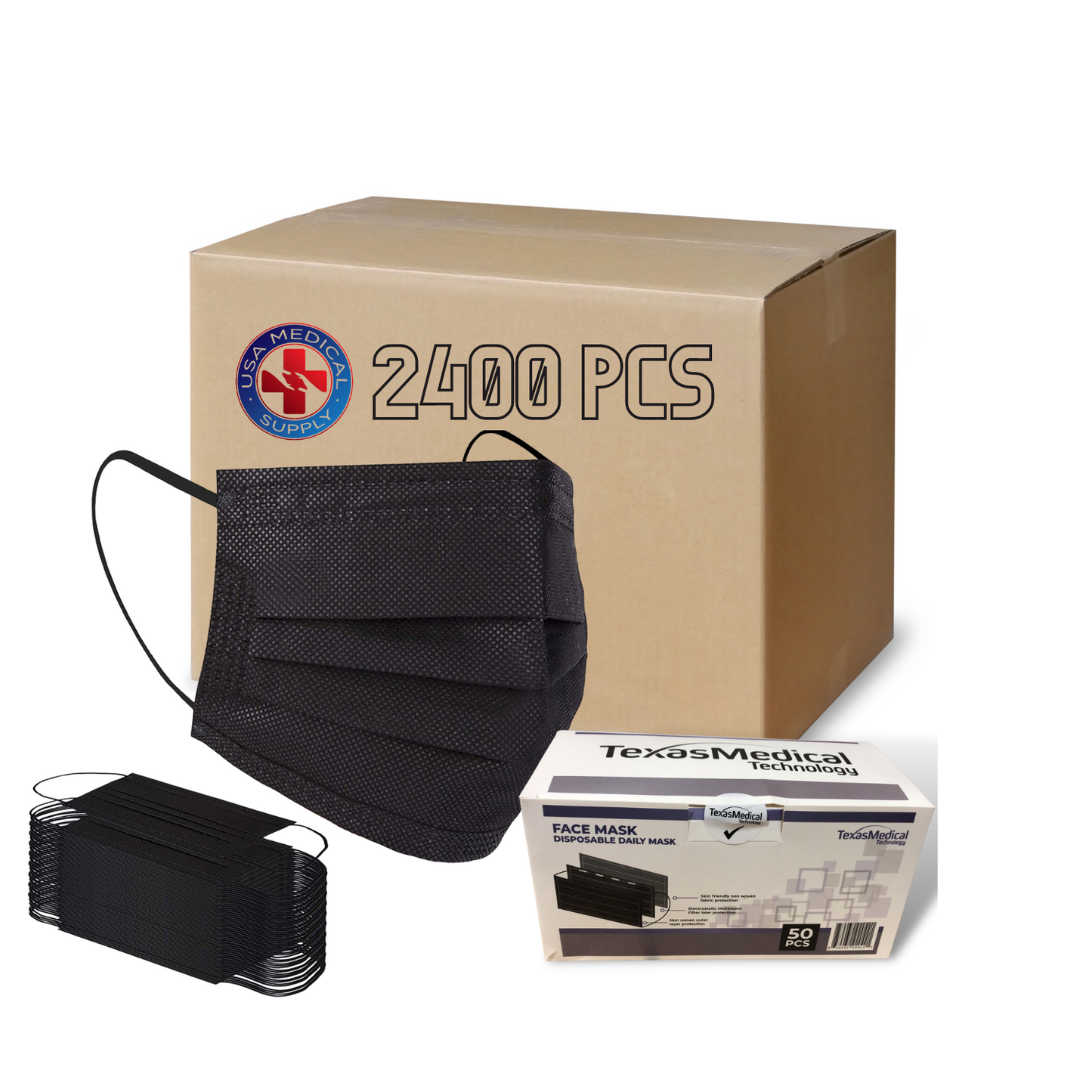 3PLY Mask Black - 2400 PCS at $2.50/ Box - (50Pcs/Box - 48 Boxes/Case)