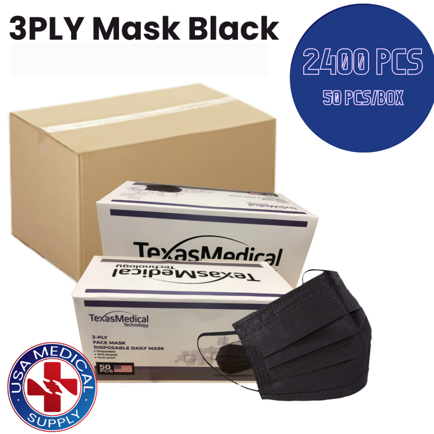 3PLY Mask Black - 2400 PCS at $2.50/ Box - (50Pcs/Box - 48 Boxes/Case)