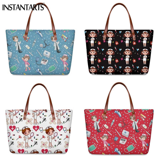 INSTANTARTS Cartoon Nurse Print Women Casual Work Handbags Large Capacity Tote Hospital Paramedical Fashion Travel Shoulder Bag