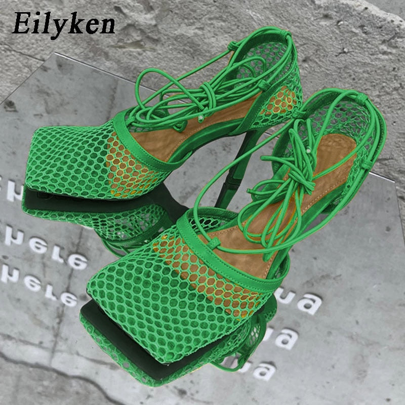 Eilyken Fashion Brand Woman Pumps Sexy Hollow Mesh Summer Sandals High Heels Square Toe Ankle Lace-Up Female Party Dress Shoes