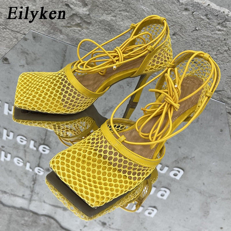 Eilyken Fashion Brand Woman Pumps Sexy Hollow Mesh Summer Sandals High Heels Square Toe Ankle Lace-Up Female Party Dress Shoes