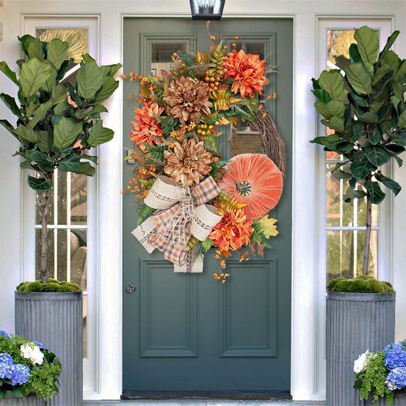 Halloween Decor Door Wreath Autumn Fall Pumpkin Garland Rustic Grapevine Front Door Decoration for Home Garden Farmhouse