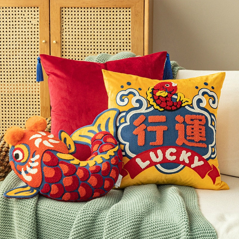 DUNXDECO Cushion Cover Decorative Pillow Joy Chinese Traditional Lucky Fish Embroidery Cushion Cover Sofa Chair Bedding Coussin