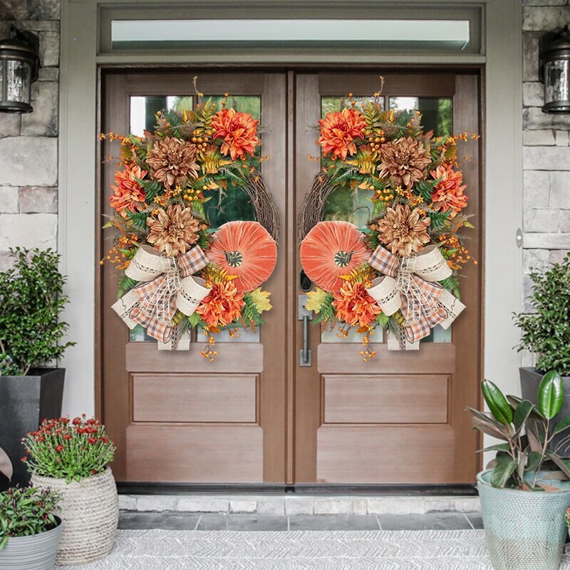 Halloween Decor Door Wreath Autumn Fall Pumpkin Garland Rustic Grapevine Front Door Decoration for Home Garden Farmhouse