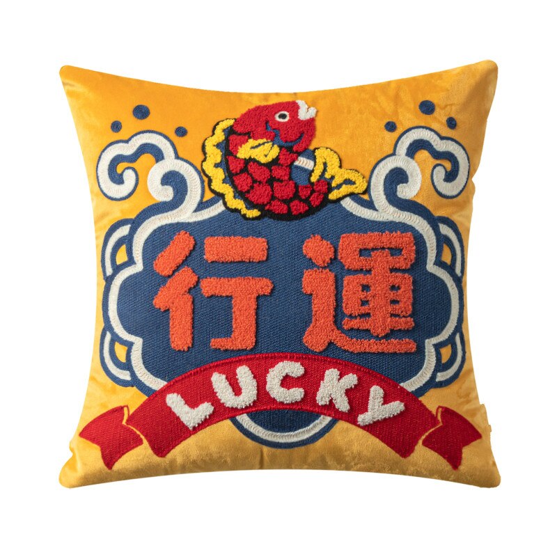 DUNXDECO Cushion Cover Decorative Pillow Joy Chinese Traditional Lucky Fish Embroidery Cushion Cover Sofa Chair Bedding Coussin