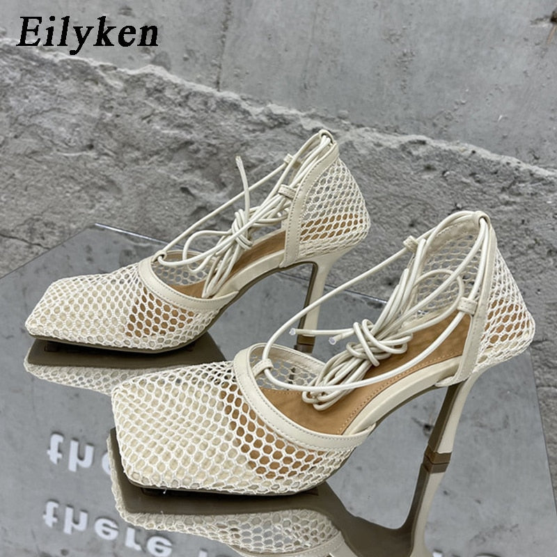 Eilyken Fashion Brand Woman Pumps Sexy Hollow Mesh Summer Sandals High Heels Square Toe Ankle Lace-Up Female Party Dress Shoes