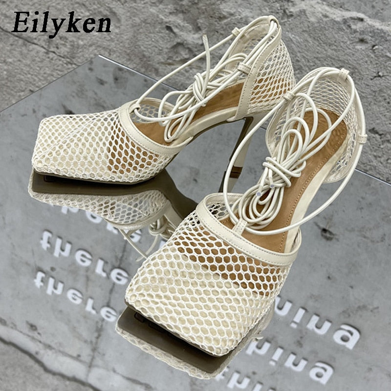 Eilyken Fashion Brand Woman Pumps Sexy Hollow Mesh Summer Sandals High Heels Square Toe Ankle Lace-Up Female Party Dress Shoes