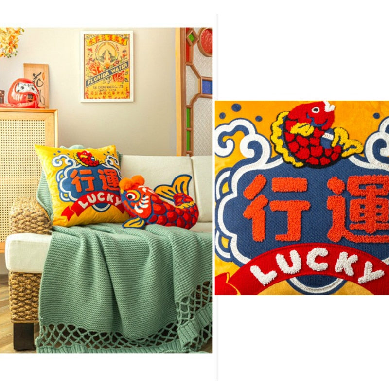 DUNXDECO Cushion Cover Decorative Pillow Joy Chinese Traditional Lucky Fish Embroidery Cushion Cover Sofa Chair Bedding Coussin