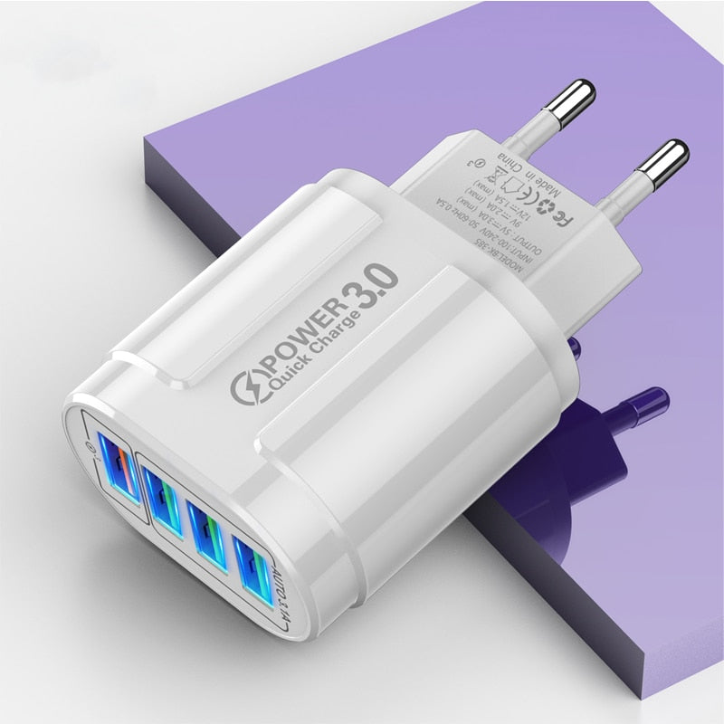 USB Charger 4 Ports EU US QC 3.0 48W Fast Charging Wall Charger Adapter For iPhone 13 12 11 Samsung Xiaomi Phone Charger