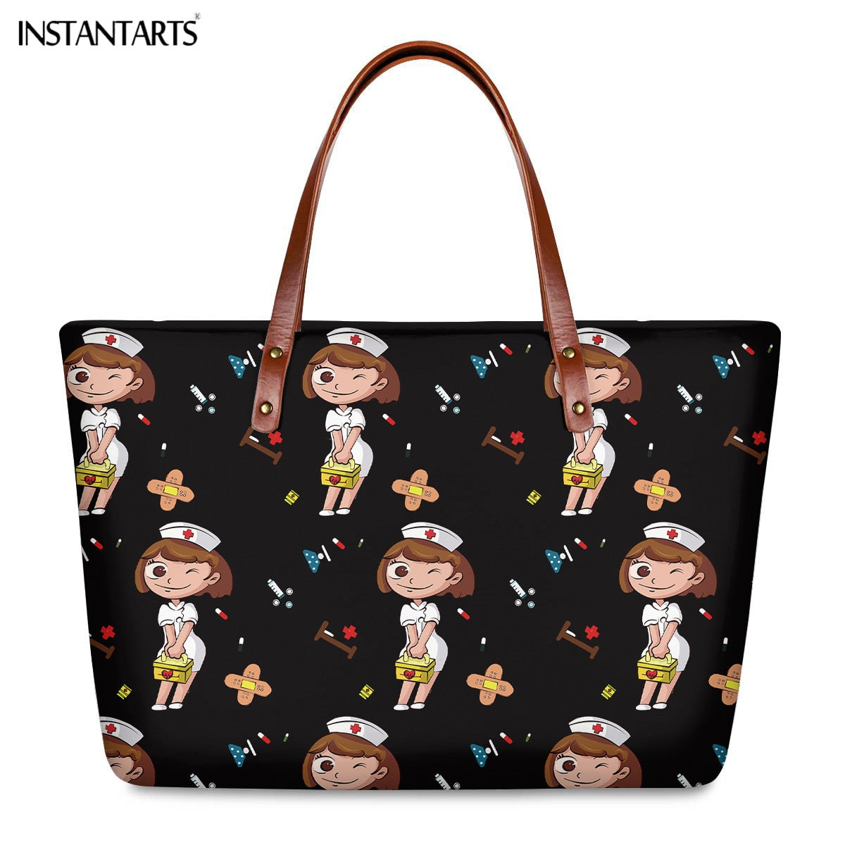 INSTANTARTS Cartoon Nurse Print Women Casual Work Handbags Large Capacity Tote Hospital Paramedical Fashion Travel Shoulder Bag