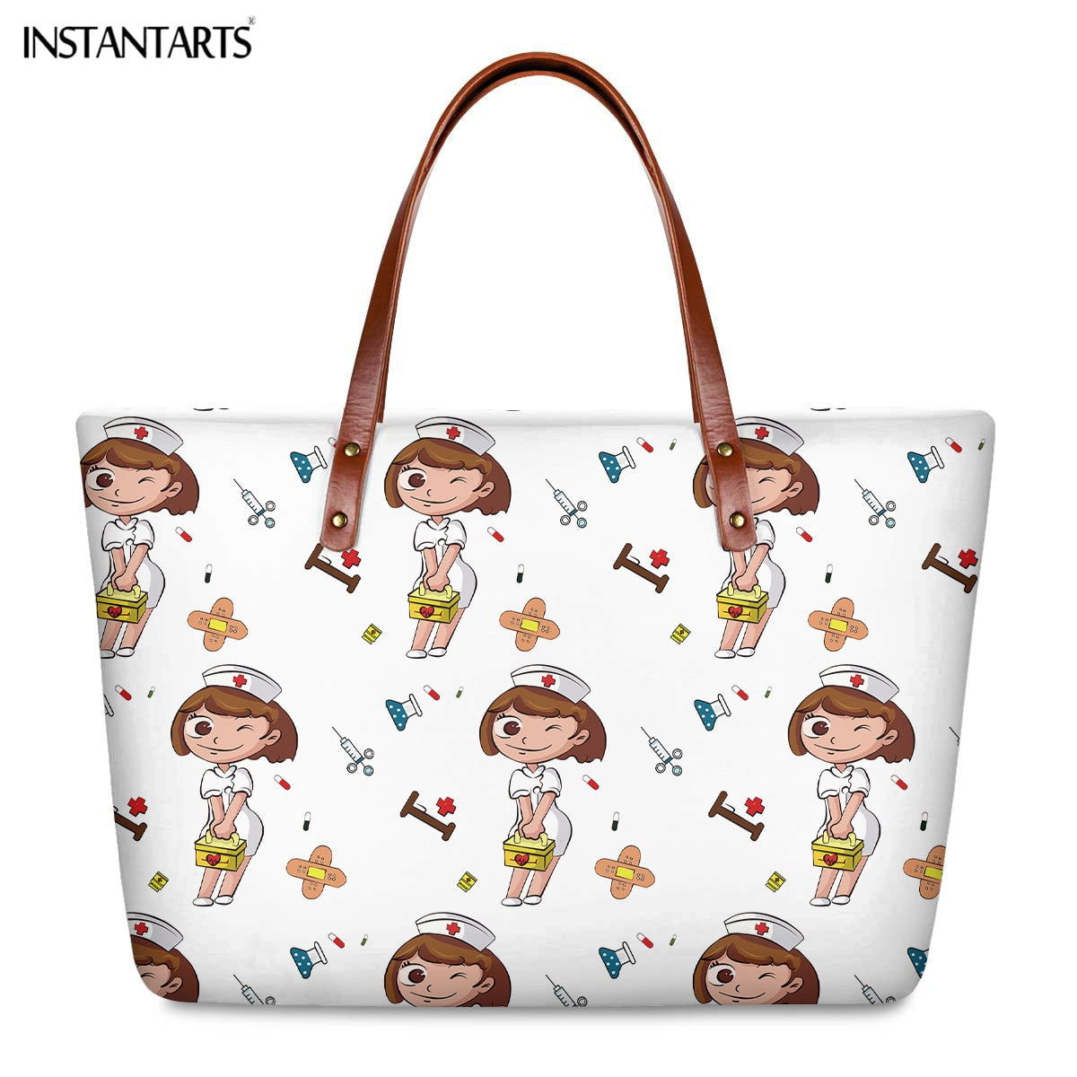 INSTANTARTS Cartoon Nurse Print Women Casual Work Handbags Large Capacity Tote Hospital Paramedical Fashion Travel Shoulder Bag