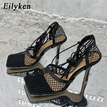 Eilyken Fashion Brand Woman Pumps Sexy Hollow Mesh Summer Sandals High Heels Square Toe Ankle Lace-Up Female Party Dress Shoes