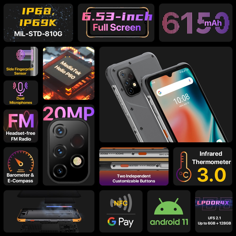 UMIDIGI BISON X10 PRO Rugged Smartphone NFC Global Version 6.53&quot; IP68 4GB 128GB Helio P60 20MP Triple Camera 6150mAh Cellphone