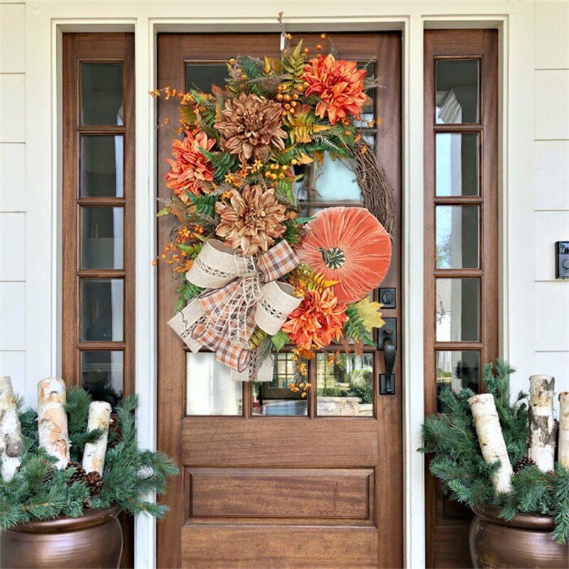 Halloween Decor Door Wreath Autumn Fall Pumpkin Garland Rustic Grapevine Front Door Decoration for Home Garden Farmhouse