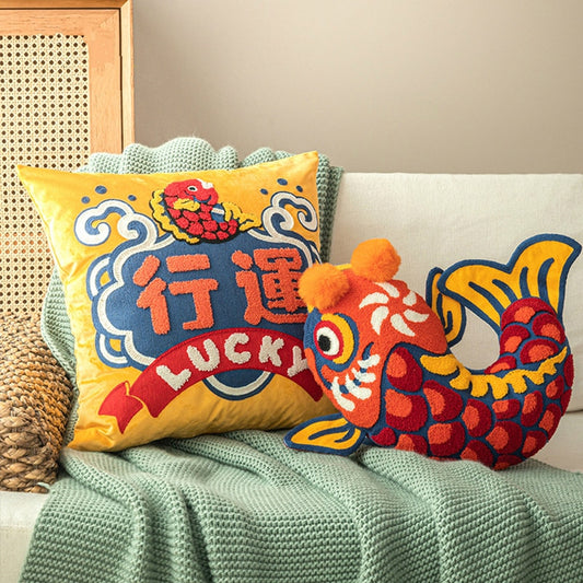 DUNXDECO Cushion Cover Decorative Pillow Joy Chinese Traditional Lucky Fish Embroidery Cushion Cover Sofa Chair Bedding Coussin