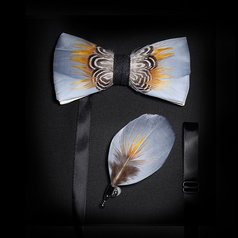 KAMBERFT Brand Men Bow-tie Brooch Set Feather Style Leather Bow Tie Adjustable Formal Tie Bowtie Wedding Party Best Gift