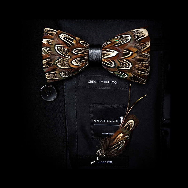 KAMBERFT Brand Men Bow-tie Brooch Set Feather Style Leather Bow Tie Adjustable Formal Tie Bowtie Wedding Party Best Gift