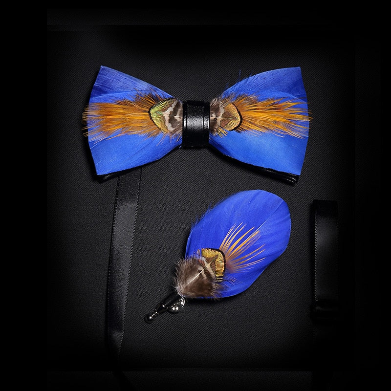 KAMBERFT Brand Men Bow-tie Brooch Set Feather Style Leather Bow Tie Adjustable Formal Tie Bowtie Wedding Party Best Gift