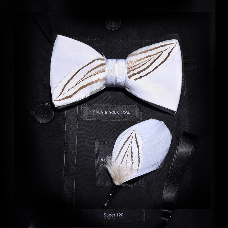 KAMBERFT Brand Men Bow-tie Brooch Set Feather Style Leather Bow Tie Adjustable Formal Tie Bowtie Wedding Party Best Gift