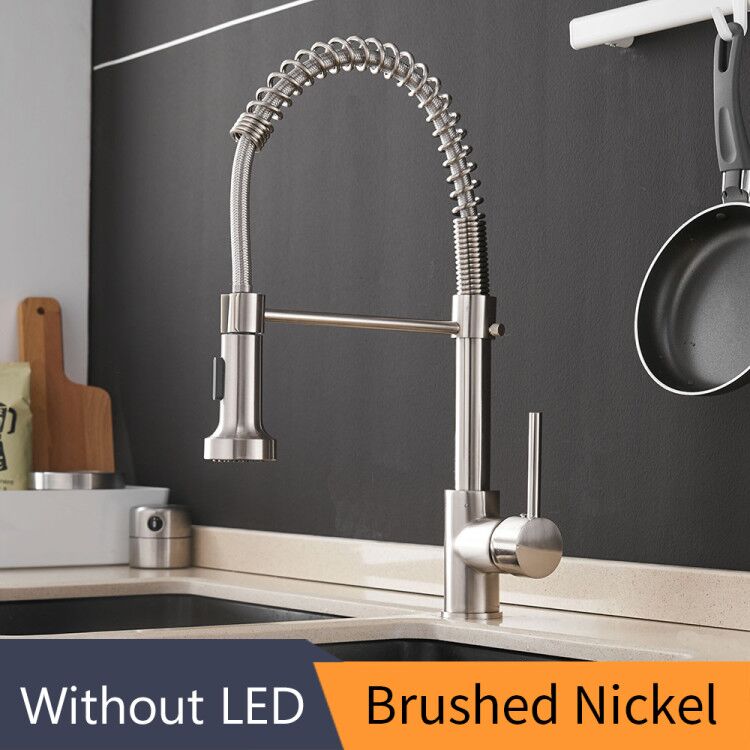 Kitchen Faucets Brush Brass Faucets for Kitchen Sink  Single Lever Pull Out Spring Spout Mixers Tap Hot Cold Water Crane 9009