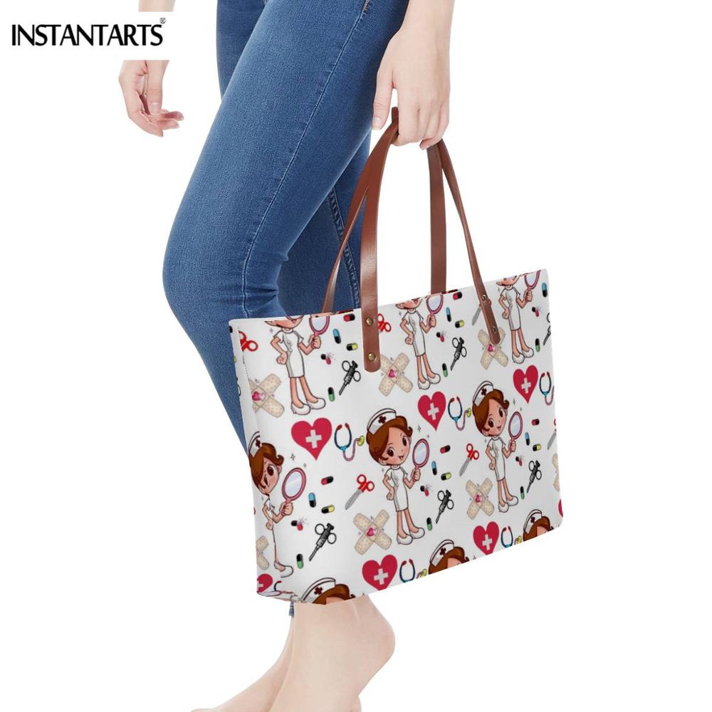 INSTANTARTS Cartoon Nurse Print Women Casual Work Handbags Large Capacity Tote Hospital Paramedical Fashion Travel Shoulder Bag