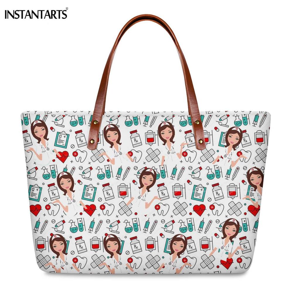 INSTANTARTS Cartoon Nurse Print Women Casual Work Handbags Large Capacity Tote Hospital Paramedical Fashion Travel Shoulder Bag