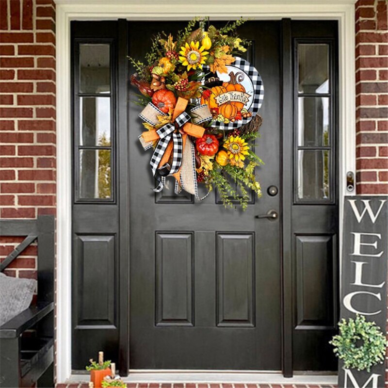 Halloween Decor Door Wreath Autumn Fall Pumpkin Garland Rustic Grapevine Front Door Decoration for Home Garden Farmhouse