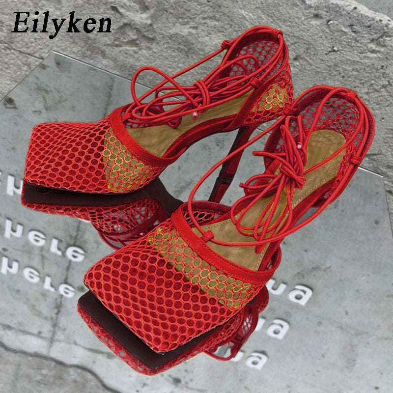 Eilyken Fashion Brand Woman Pumps Sexy Hollow Mesh Summer Sandals High Heels Square Toe Ankle Lace-Up Female Party Dress Shoes