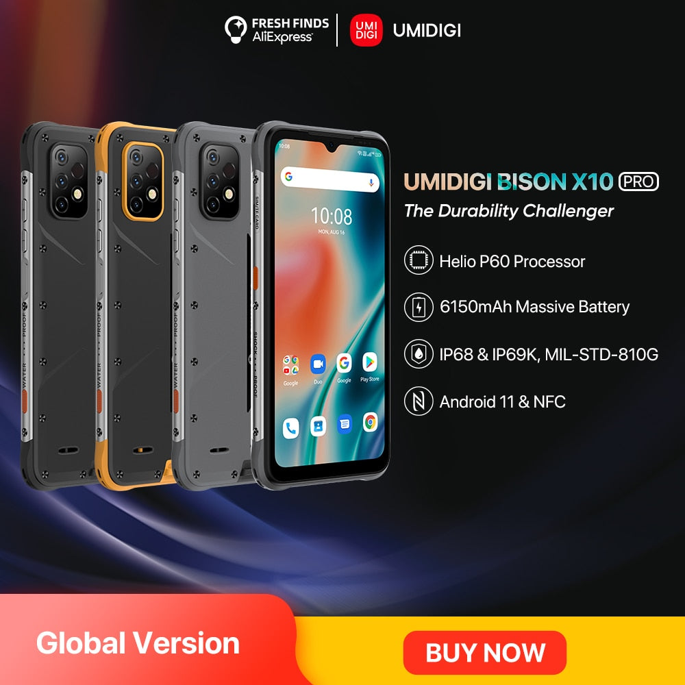 UMIDIGI BISON X10 PRO Rugged Smartphone NFC Global Version 6.53&quot; IP68 4GB 128GB Helio P60 20MP Triple Camera 6150mAh Cellphone