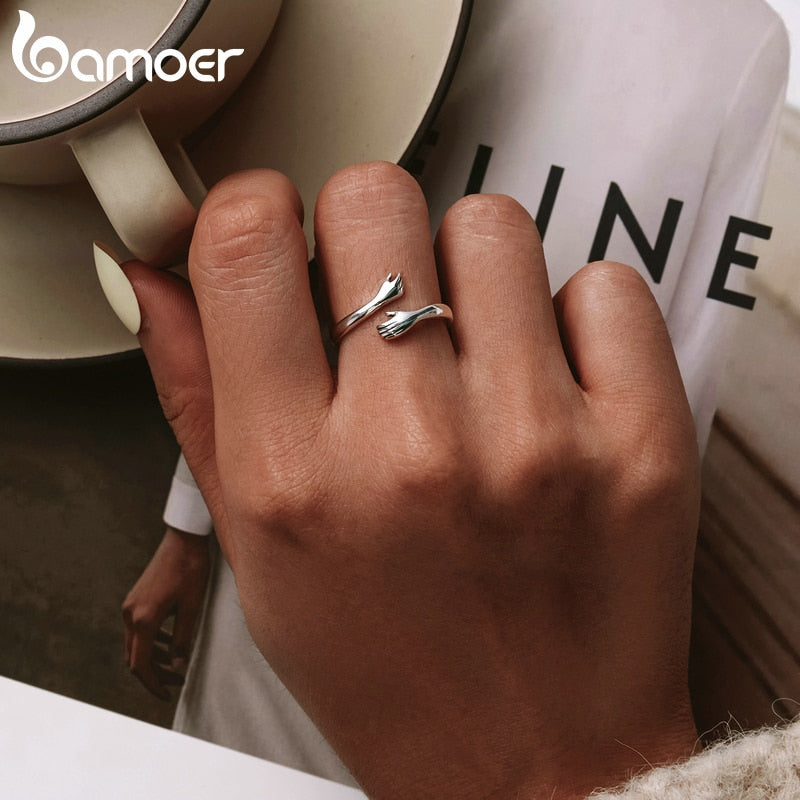 bamoer 925 Sterling Silver Hug Warmth and Love Hand Adjustable Ring for Women Party Jewelry, His Big Loving Hugs Ring BSR176