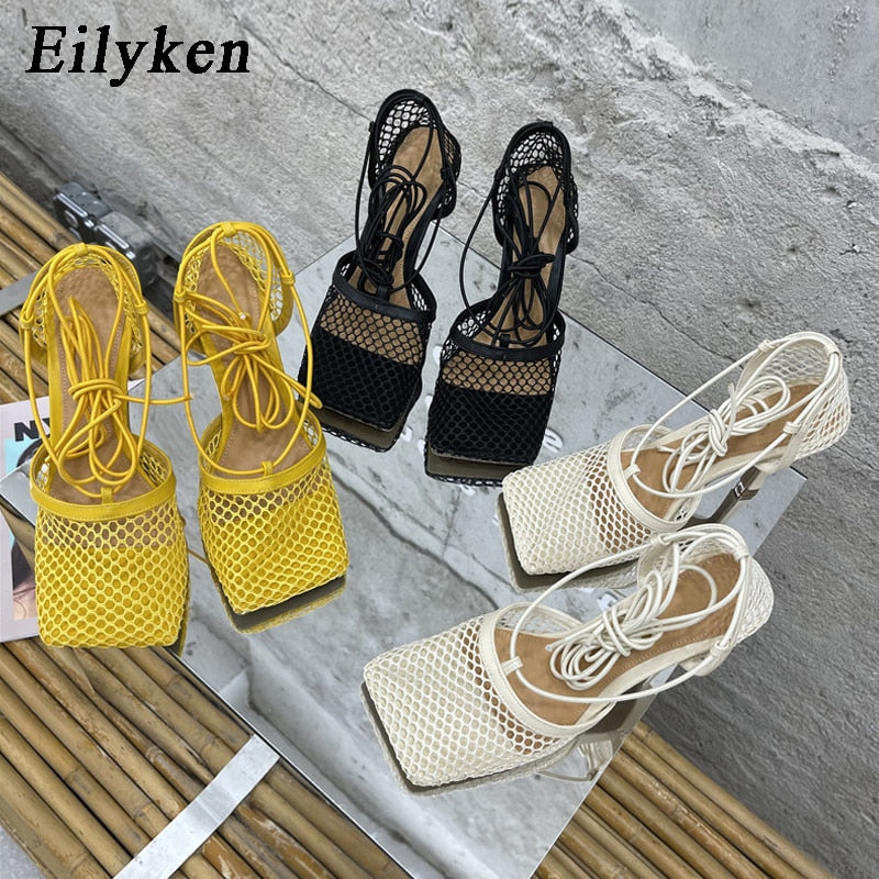 Eilyken Fashion Brand Woman Pumps Sexy Hollow Mesh Summer Sandals High Heels Square Toe Ankle Lace-Up Female Party Dress Shoes