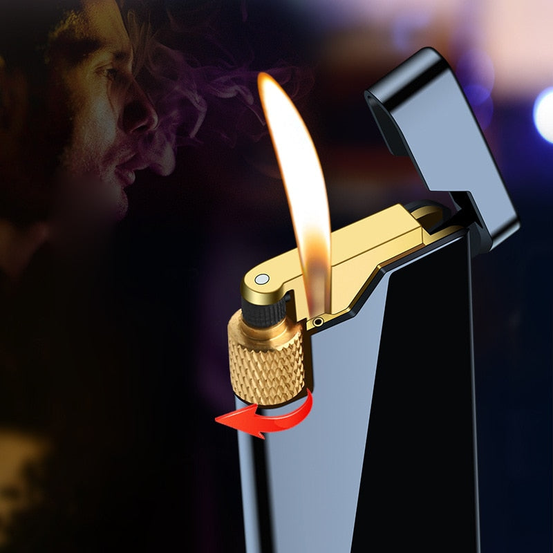 NEW Personality Metal Slim Wheel Lighter Gadgets For Men Mini Cigarette Lighter Butane Gas Lighter Open Flame Unusual light