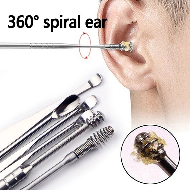 5/6 Pcs Stainless Steel Earpick Set Ear Vax Remover Double-Headed Spiral Cleaning Tools Curette Spoon Care