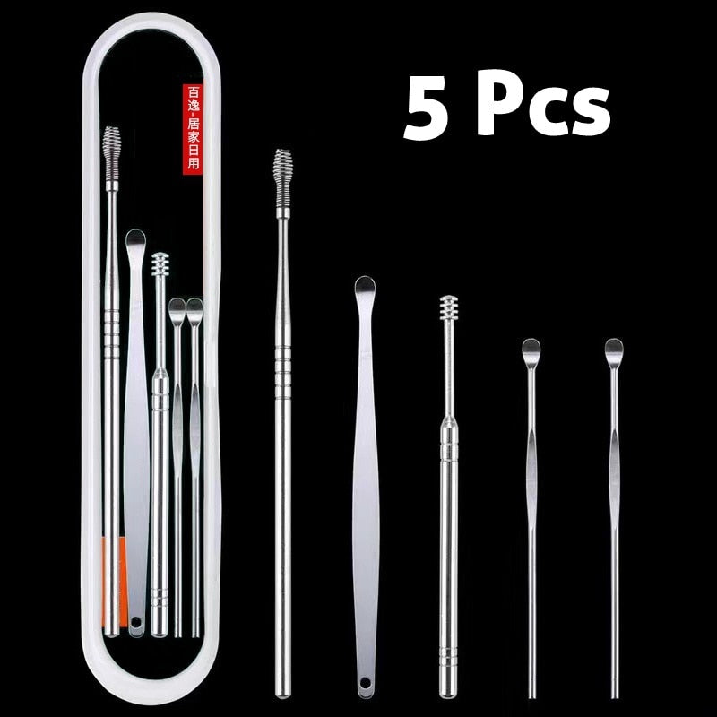 5/6 Pcs Stainless Steel Earpick Set Ear Vax Remover Double-Headed Spiral Cleaning Tools Curette Spoon Care