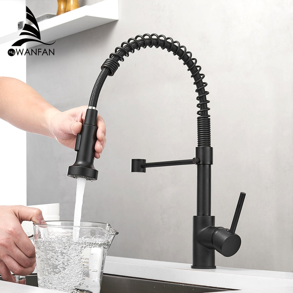 Kitchen Faucets Brush Brass Faucets for Kitchen Sink  Single Lever Pull Out Spring Spout Mixers Tap Hot Cold Water Crane 9009