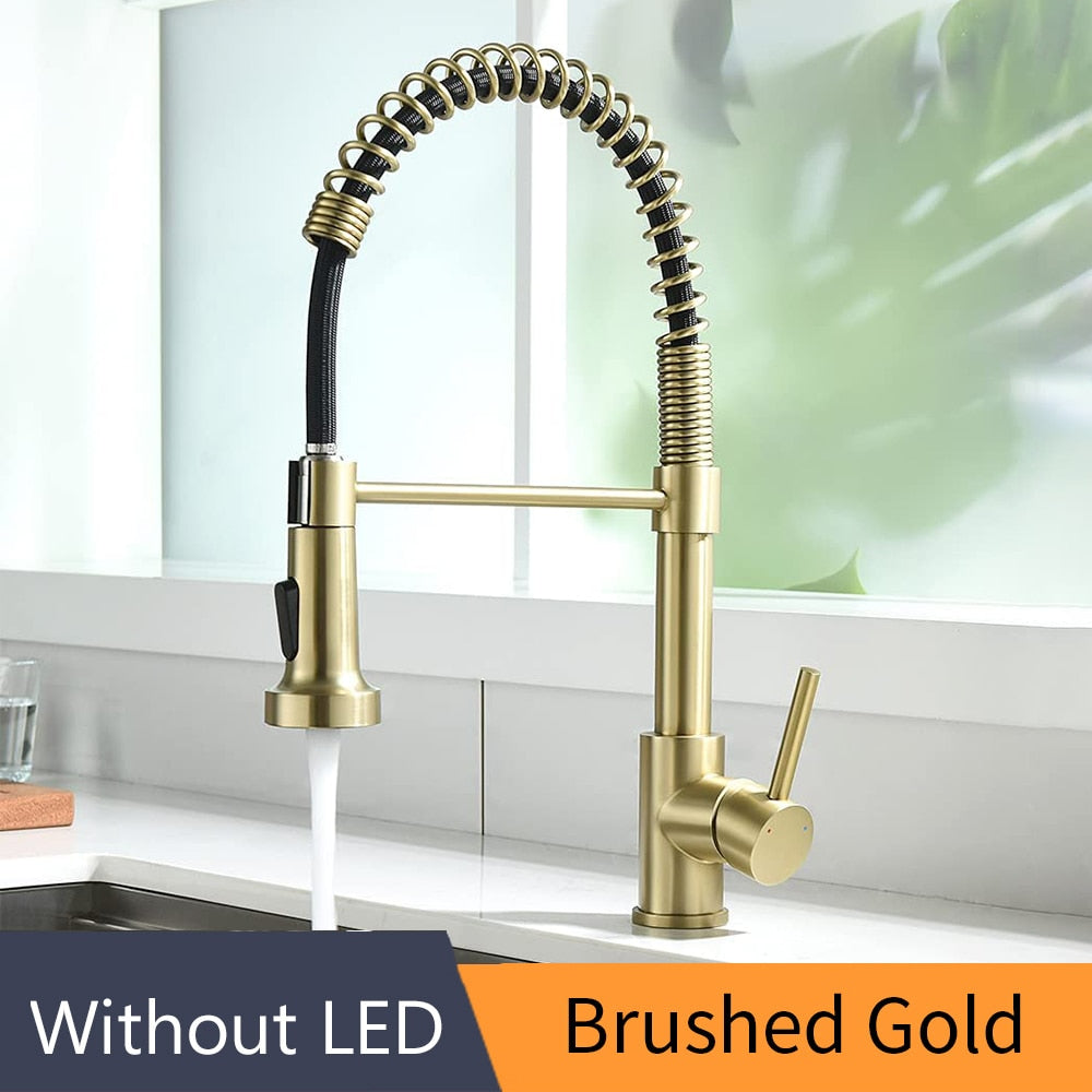 Kitchen Faucets Brush Brass Faucets for Kitchen Sink  Single Lever Pull Out Spring Spout Mixers Tap Hot Cold Water Crane 9009