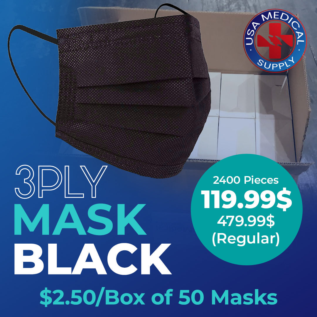 3PLY Mask Black - 2400 PCS at $2.50/ Box - (50Pcs/Box - 48 Boxes/Case)