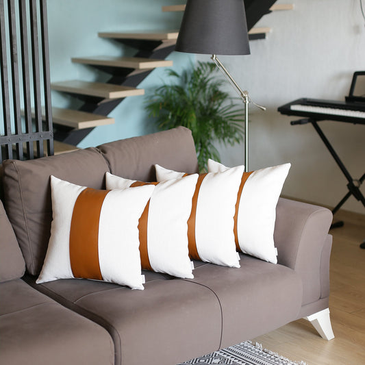 Boho Set of 4 Handcrafted Decorative Throw Pillow Cover Vegan Faux Leather Solid for Couch, Bedding